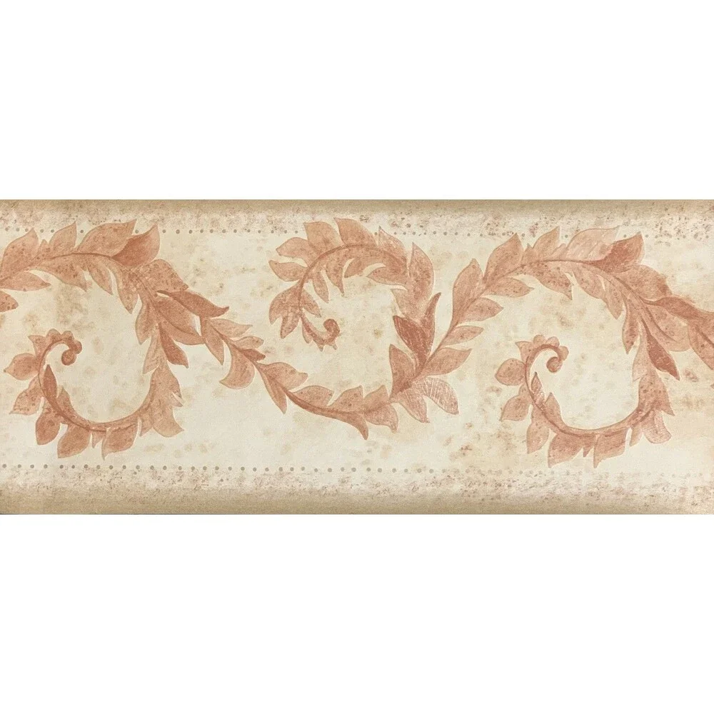 Red Tuscany Scroll Vine Leaf Beige Gold Background Wallpaper Border